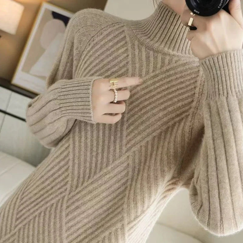 Abrini Autumn Winter Women Wool sweater Dress Mock Neck Ribbed Solid Knit Dresses Elegant Lady Party Bottoming Cashmere Vestidos