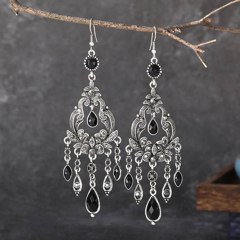 Vintage Ethnic Style Rhinestone Flower Shaped Water Drop Earrings for Women Elegant Long Texture Dangle Earring Female Jewelry