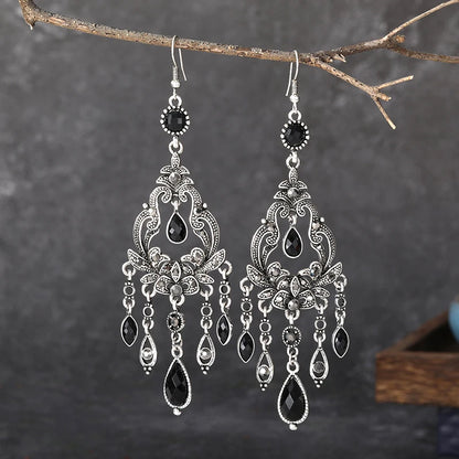 Vintage Ethnic Style Rhinestone Flower Shaped Water Drop Earrings for Women Elegant Long Texture Dangle Earring Female Jewelry