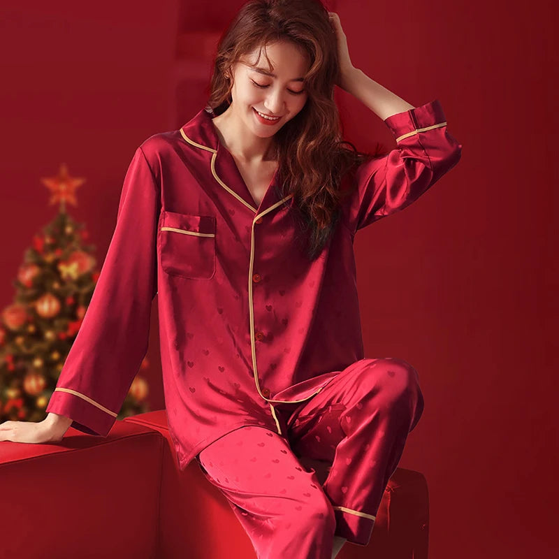 Spring Autumn Women's Silk Stain Pajamas Set Cute Love Print Top and Pants Pjs Chinese Lucky Red Lounge Sets Home Wear Set Lady