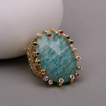 G-G Big Stone Natural Green Amazonite Gold Plated Finger Rings