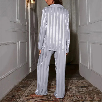 Women's Pajama Set Summer Striped Long Sleeve Top Trousers Silk Satin Home Suit Spring Autumn Loose Casual Sleepwear Nightwear