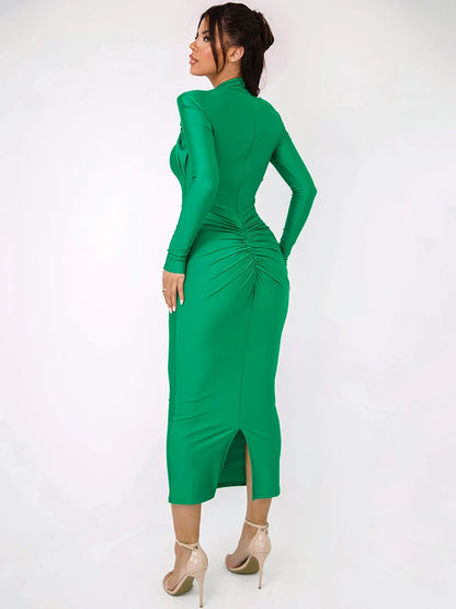 Hollow Out Long Sleeve Sexy Maxi Dress For Women Gown Autumn Winter New Metal Buckle Ruched Slit Long Dress Elegant