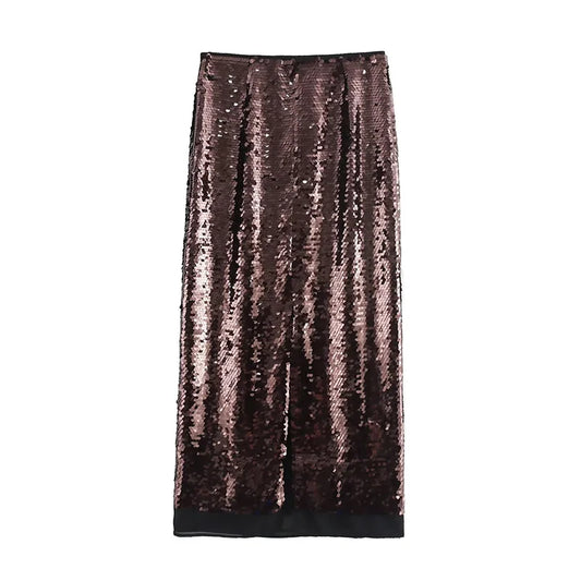 Women Fashion With Sequined Brown Side Zipper Midi Skirt Vintage Mid Waist Straight Female Chic Lady Skirts