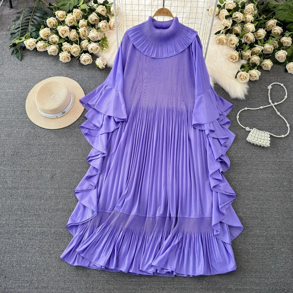 Spring New Pleated Dress Fashion Lapel Ruffle Sleeves Solid Color Loose Dresses Elegant women's clothing 7AK30392