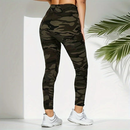 Camouflage Gray Green Tight Casual High Stretch Women's Leggings, Sporty And Sexy Fitness Retro Nine Point Pencil Pants