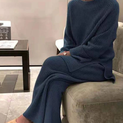 New Autumn Winter Basic Knitted Women Home Suit Loose Solid Color Sweater Pullover Wide Leg Pants 2 Pieces Set Female Clothing