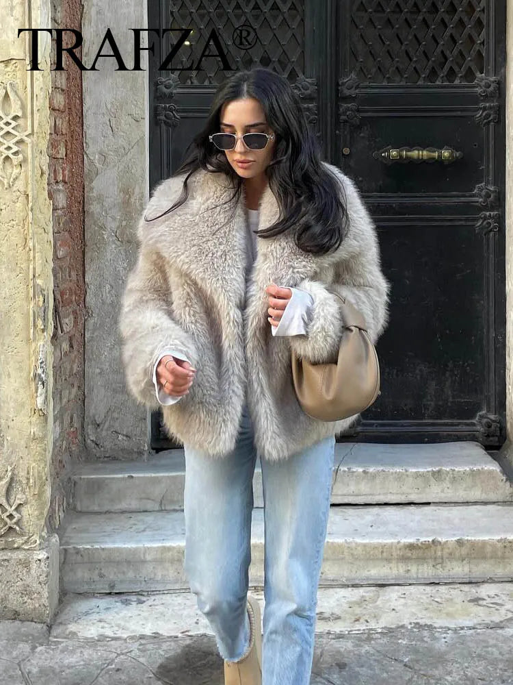 Women Fashion Cropped Faux Fur Jacket Coat Long Sleeve Front Snap-button Female Outerwear Chic Lapel Collar Thick Coat