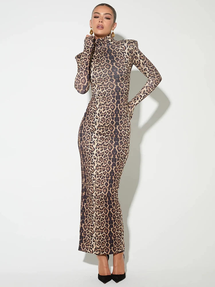 Leopard Animal Print Long Sleeve Sexy Turtle Neck Bodycon Long Maxi Dress For Women