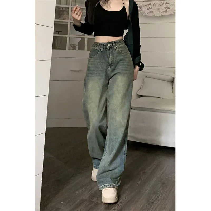 Vintage 90S Baggy Straight Denim Trousers Female Y2K High Waist Loose Wide Leg Jeans Women Streetwear All-Match Casual Pants New