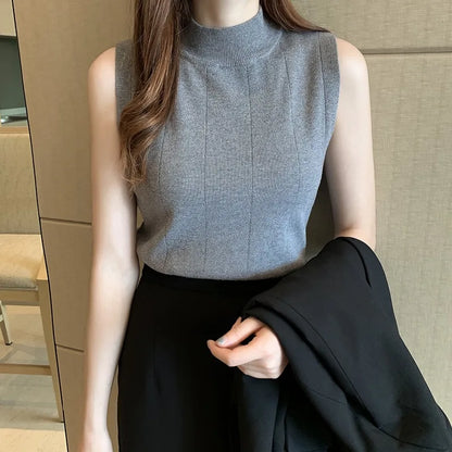 Women Knitted Solid Sweet Crop Tops O-neck Sleeveless Thin Tank Tops Basic Plain Tops Casual Tees For Women 2024 Summer