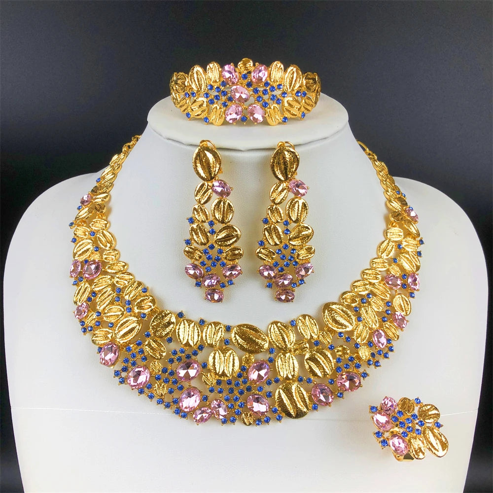 Women Luxury Design Vintage Opal Jewelry  Set Necklace Earrings Bracelet And Ring 18K Gold Plated Dubai Jewelry