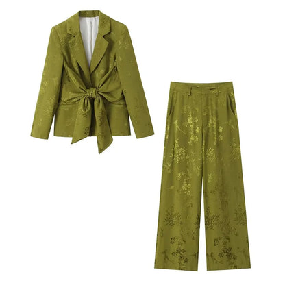 Women Fashion 2 Piece Set Green Printed Blazer With Bow & Vintage Front Zipper Trousers Feamle Chic Lady Pants Sets