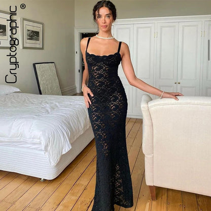 Hollow Out Transparent Lace Maxi Dress  with Sexy Backless Sleeveless Club Party Dresses Outfits for Women