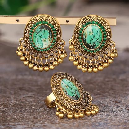 Afghan Gold Silver Color Alloy Big Earrings for Women Crystal Pearls Beads Earrings & Rings Sets Adjustable Indian Party Jewelry