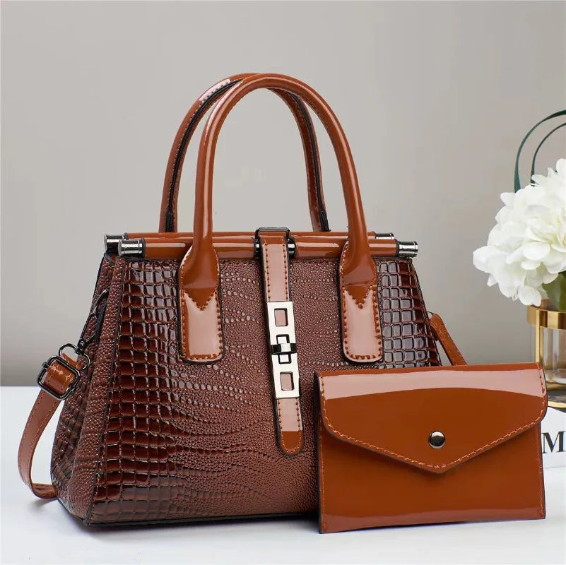 Luxury Brand Designer Crocodile Pattern Bright Leather Large Capacity Crossbody Women's Handbag