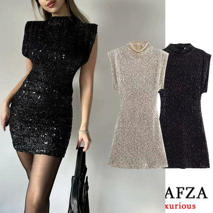 TRAFZA Sexy Chic Black Sequins Sheath Mini Party Dress Women Fashion 2024 Evening Club Shiny Dress Elegant Sleeveless Sexy Dress