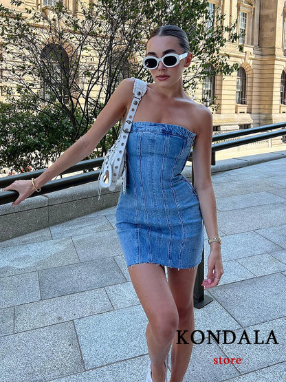 TRAFZA Sexy Blue Denim Sheath Mini Party Dress Women Y2K Street Style Jeans Tube Backless Bodycon Dress Fashion 2024 Vestidos