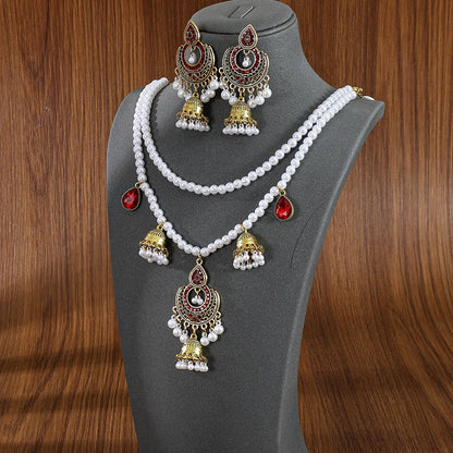 Elegant Luxury Rhinestone Pearl Indian Earrings Necklace Set Women's Geometric Bell Tassel Long Necklaces Wedding Dubai Jewelry