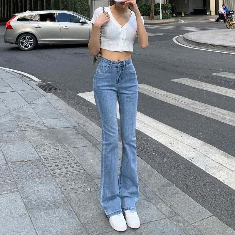 Women White Vintage Flare Jeans England Style High Street Women's Pants High Waist Denim 2023 Trend pantalones de mujer