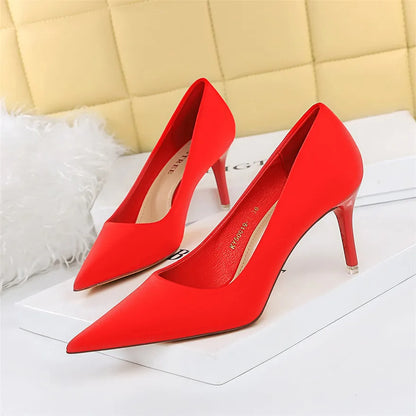 Concise Big 34-43 Woman Shoes Shallow Solid Silk High Heels Women Pumps Autumn Purple Red Pointy Toe Ladies Wedding Office Shoes