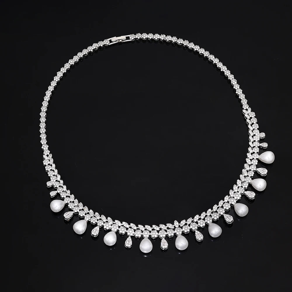 New Cubic zirconia Pearl Necklace Earrings Set of 4 Women's Wedding Party Jewelry Set