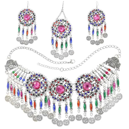 Color Crystal Coin Tassel Choker Necklace Earrings For Women Turkish Afghan Dress Indian Clothes Traditional Ethnic Jewelry Set