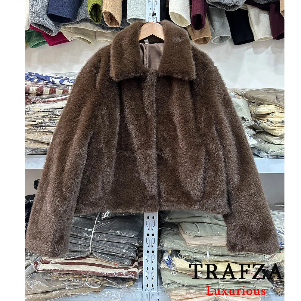 TRAFZA Vintage Causal Faux Fur Jackets Women Long Sleeve Loose Buttons Coats Fashion 2025 Spring Brown Fur Coats Elegant Outwear