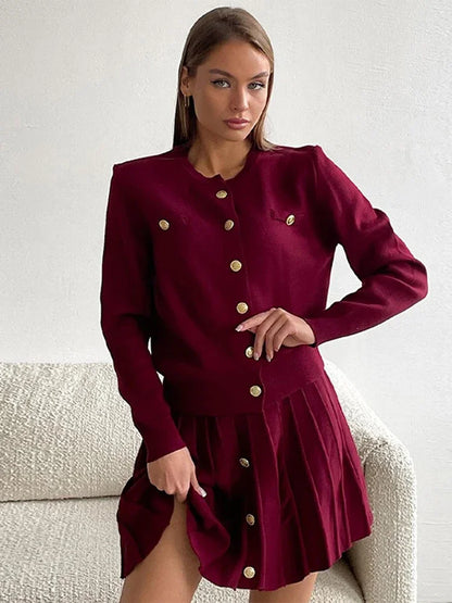 Elegant Button Coat Mini Skirt Women Set Slim Burgundy Red O-neck Single Breasted Top Skirts Sets 2025 Autumn New Lady Outfits