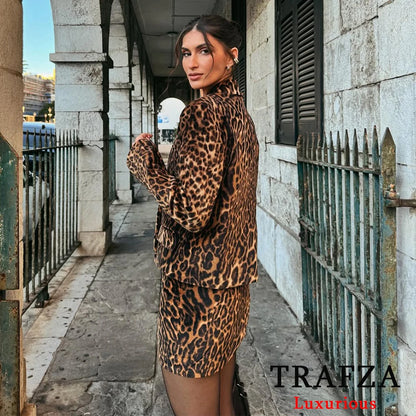 TRAFZA Vintage Women Leopard Print Suit Button Short Blazer Straight Mini Skirt Short Fashion 2025 Spring Office Wear Sets