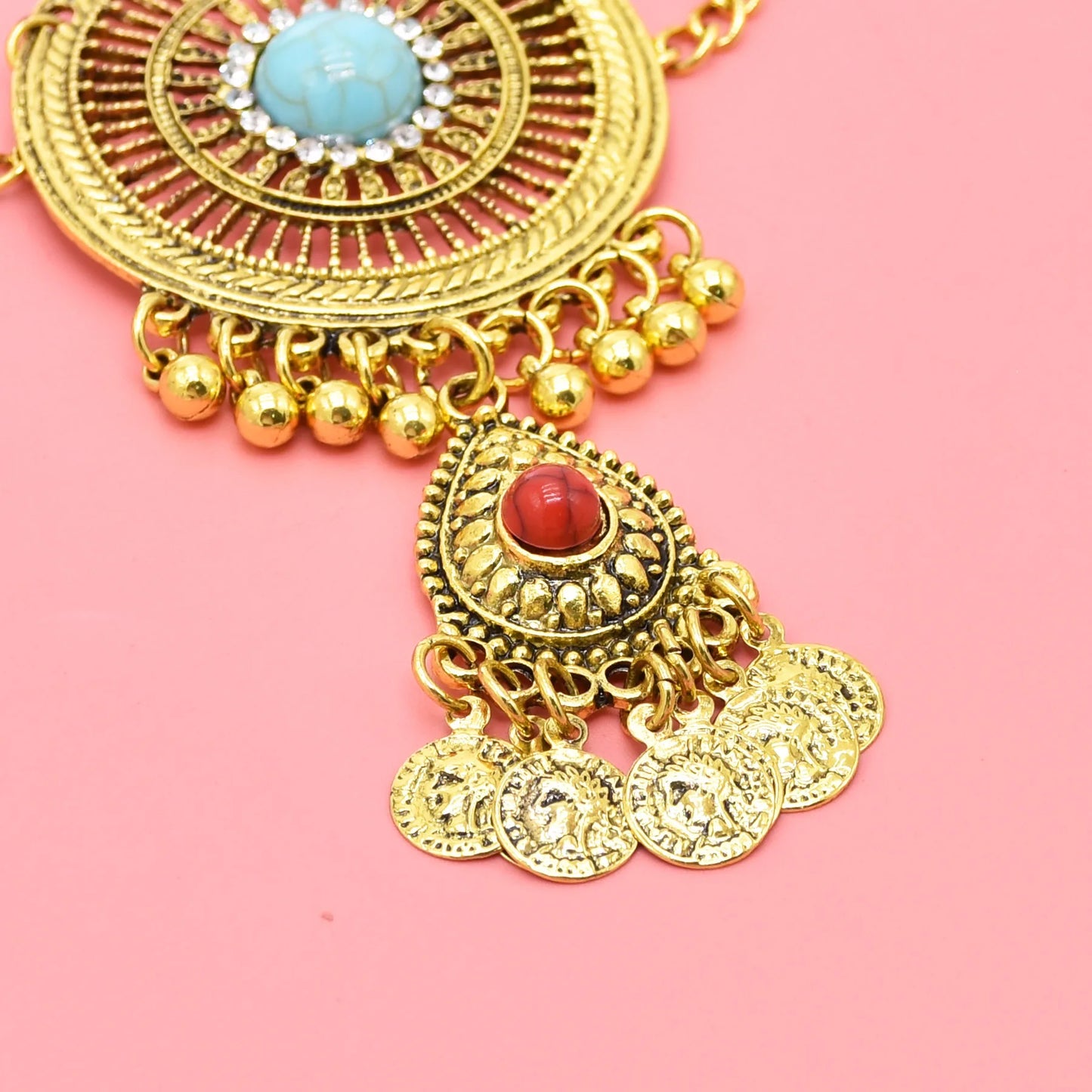 Retro Golden Afghan Gypsy Coin Statement Necklace Earrings for Women Colorful Acrylic Gemstone Pendant Ethnic Dress Jewelry Sets