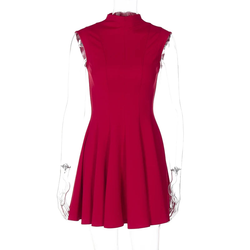 Half High Collar Sleeveless Sexy Mini Dress For Women Fashion Solid Red High Waist A-line Club Pleated Sexy Dress