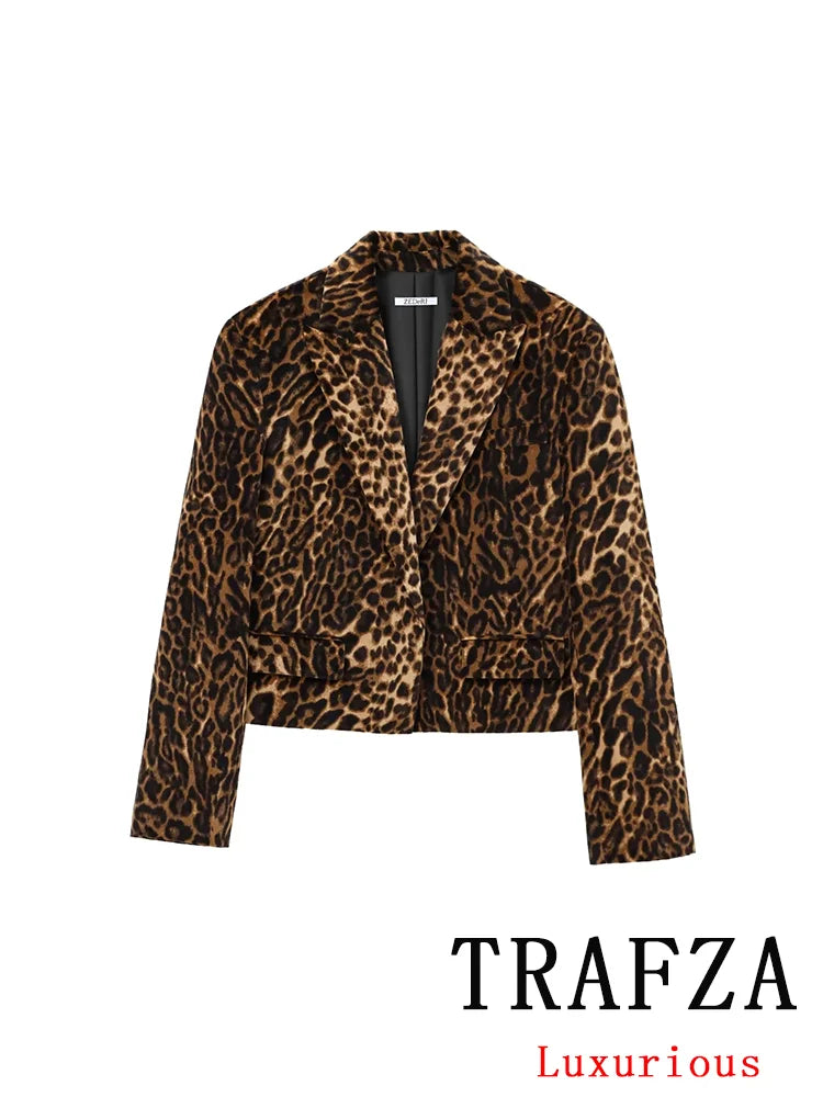 TRAFZA Vintage Women Leopard Print Suit Button Short Blazer Straight Mini Skirt Short Fashion 2025 Spring Office Wear Sets