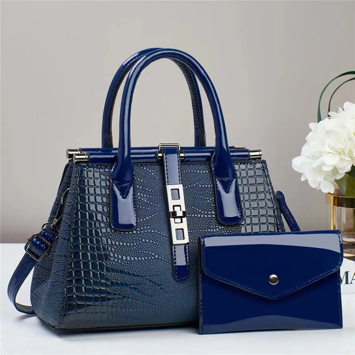 Luxury Brand Designer Crocodile Pattern Bright Leather Large Capacity Crossbody Women's Handbag