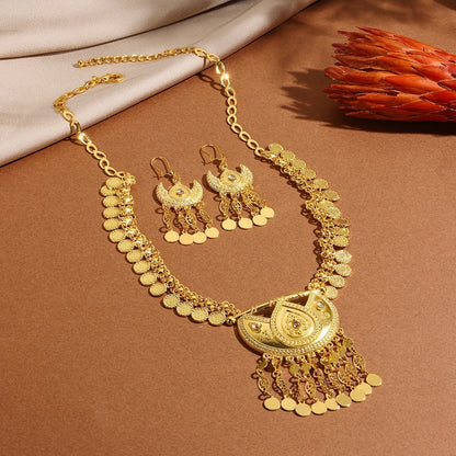 Women Arab Ethnic Golden Coins Crystal Moon Shape Necklace Earrings  Wedding Jewelry Set