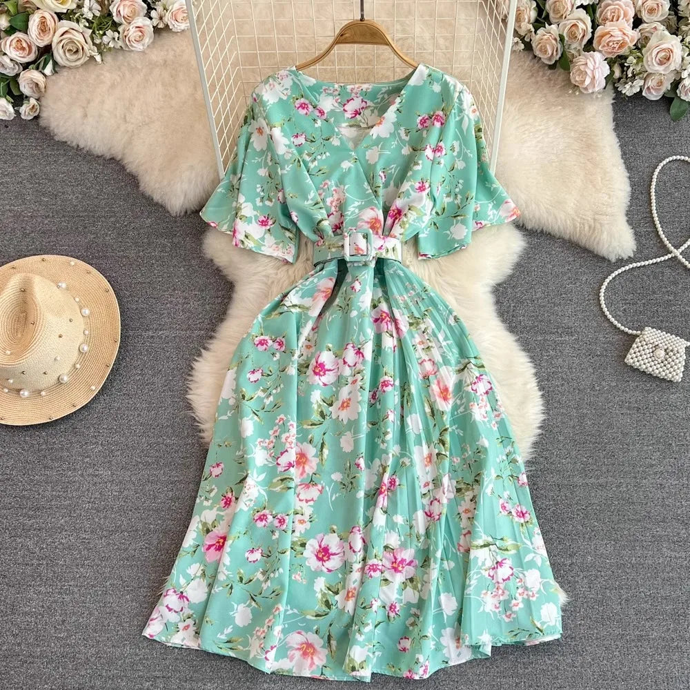 YuooMuoo Chic Fashion Floral Print Long Summer Dress 2025 New Arrival Elegant V-neck Party Dress with Belt Lady Outfits Vestidos