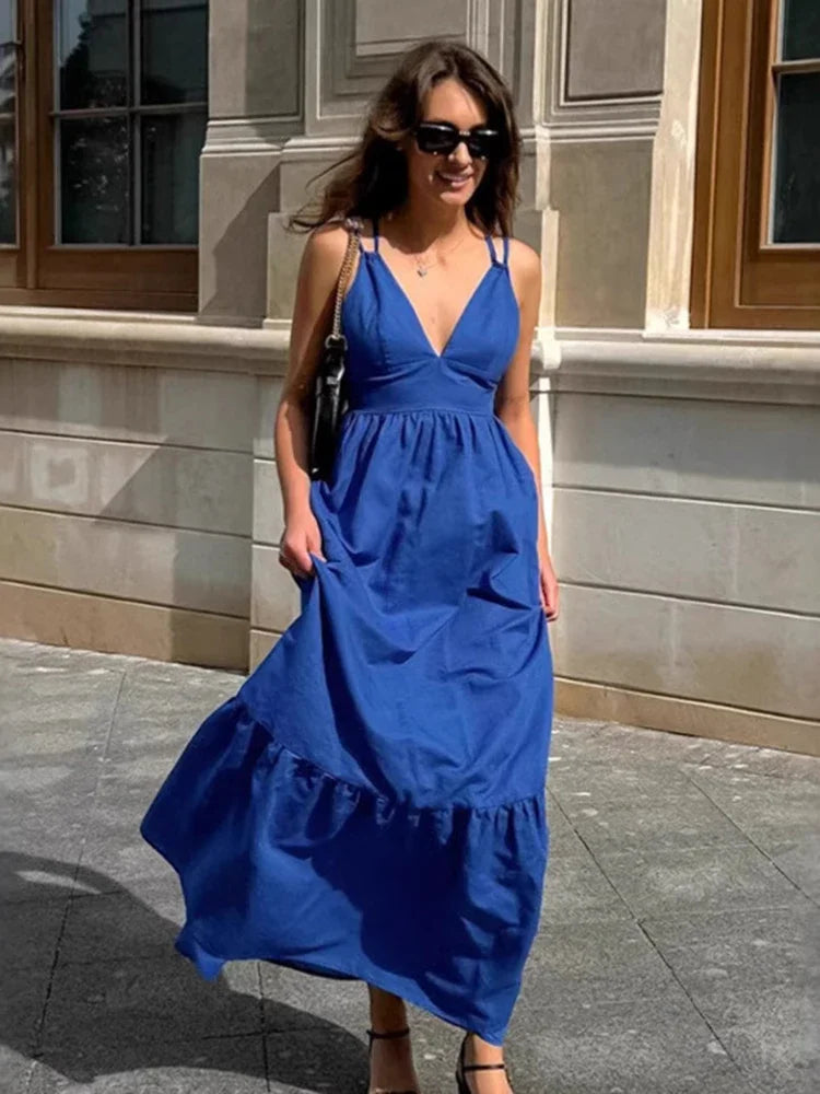 Blue V-neck Backless Suspender Midi Dress For Women