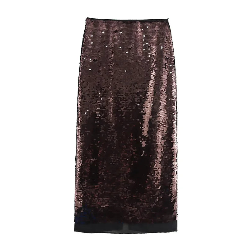 Women Fashion With Sequined Brown Side Zipper Midi Skirt Vintage Mid Waist Straight Female Chic Lady Skirts