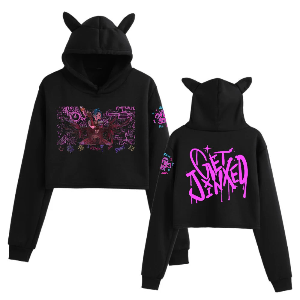 Jinx Arcane Graffiti Art Cat Ears Long Sleeve Crop Tops Girls Fashion Hoodie