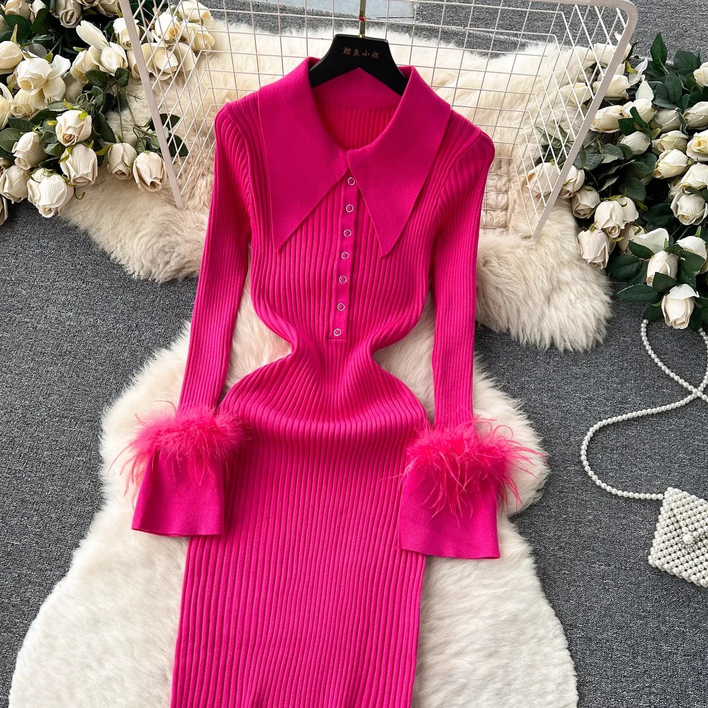 Women Long Sleeved Bodycon Turn-down Collar Slim Elastic Sweater Dress