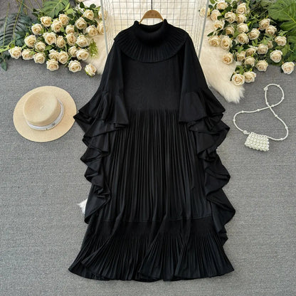 Spring New Pleated Dress Fashion Lapel Ruffle Sleeves Solid Color Loose Dresses Elegant women's clothing 7AK30392