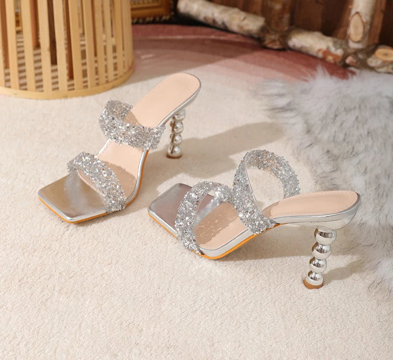 Sexy Silver Sequin rhinestone PVC Slippers For Women Square Toe Strange High Heels Sandals Summer Fashion Party Shoes