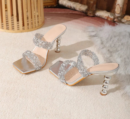 Sexy Silver Sequin rhinestone PVC Slippers For Women Square Toe Strange High Heels Sandals Summer Fashion Party Shoes