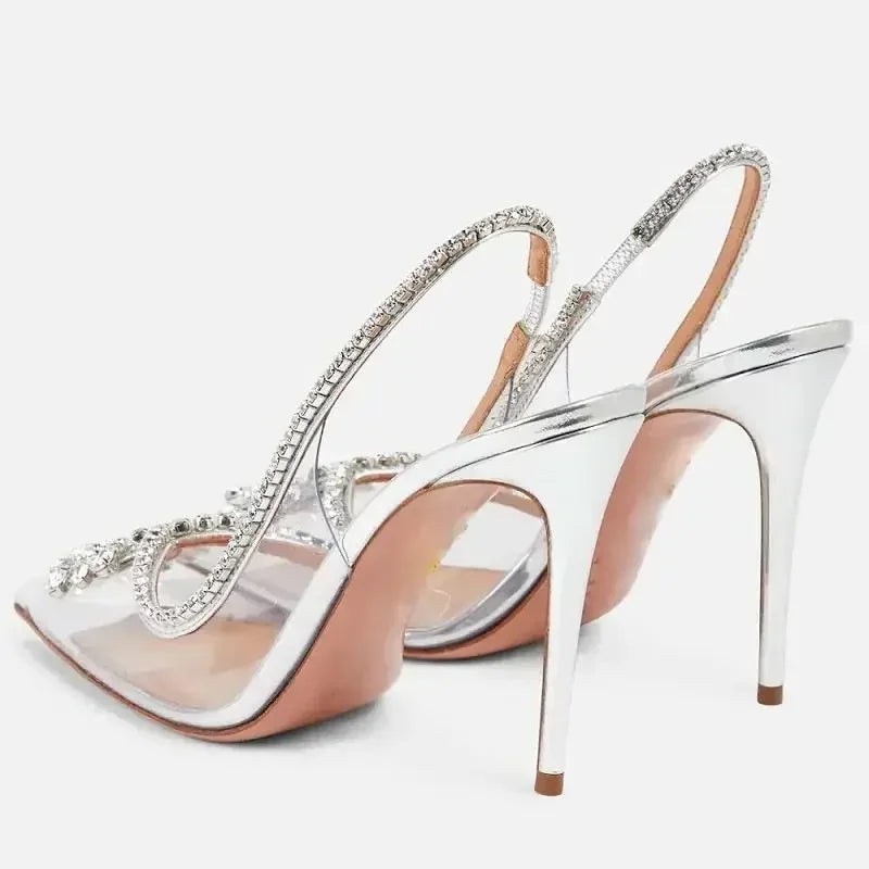 Fashion Crystal PVC Transparent Women Pumps Elegant Thin Heels Sandals Slingbacks Silver Party Wedding Shoes