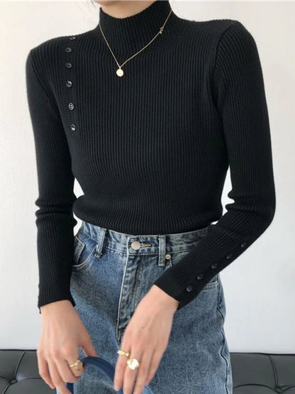 Women Knitted Sweater Long Sleeve Button Turtleneck Slim Pullovers for Autumn Winter Female Sweaters Soft Warm Bottoming Tops