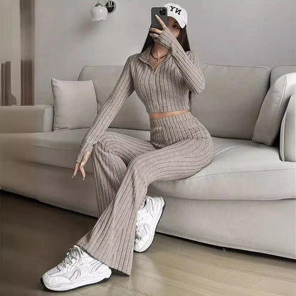 Short Style Zip Rib Knit Tops Long Pants Suit Women Casual Long Sleeve T-shirt & Slim Trousers 2 Piece Sets Autumn Women Sets