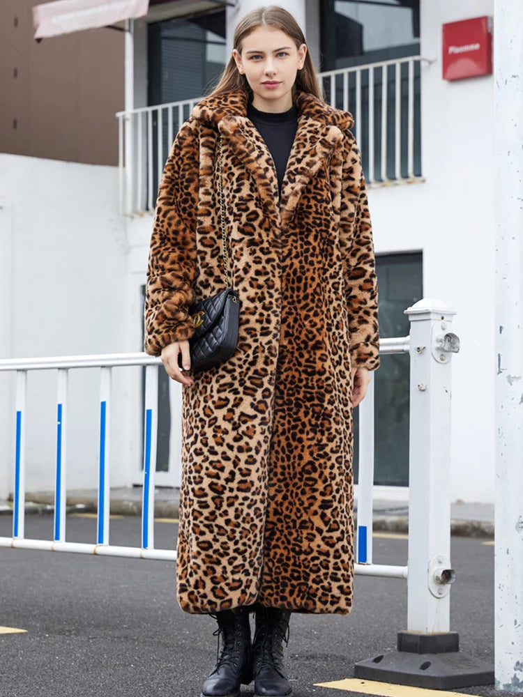 High Street Leopard Print Long Faux Fur Coat Fluffy Jacket for Women Winter Faux Rabbit Fur Trench Coat Plush Jackets