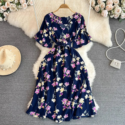 YuooMuoo Chic Fashion Floral Print Long Summer Dress 2025 New Arrival Elegant V-neck Party Dress with Belt Lady Outfits Vestidos