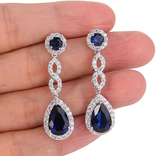 Huitan Temperament Blue Cubic Zirconia Long Hanging Earrings for Women Luxury Elegant Bride Wedding Party Earrings New Jewelry