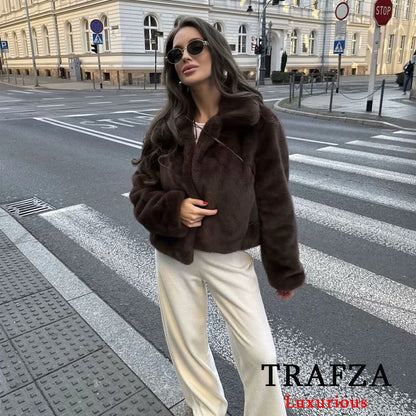 TRAFZA Vintage Causal Faux Fur Jackets Women Long Sleeve Loose Buttons Coats Fashion 2025 Spring Brown Fur Coats Elegant Outwear